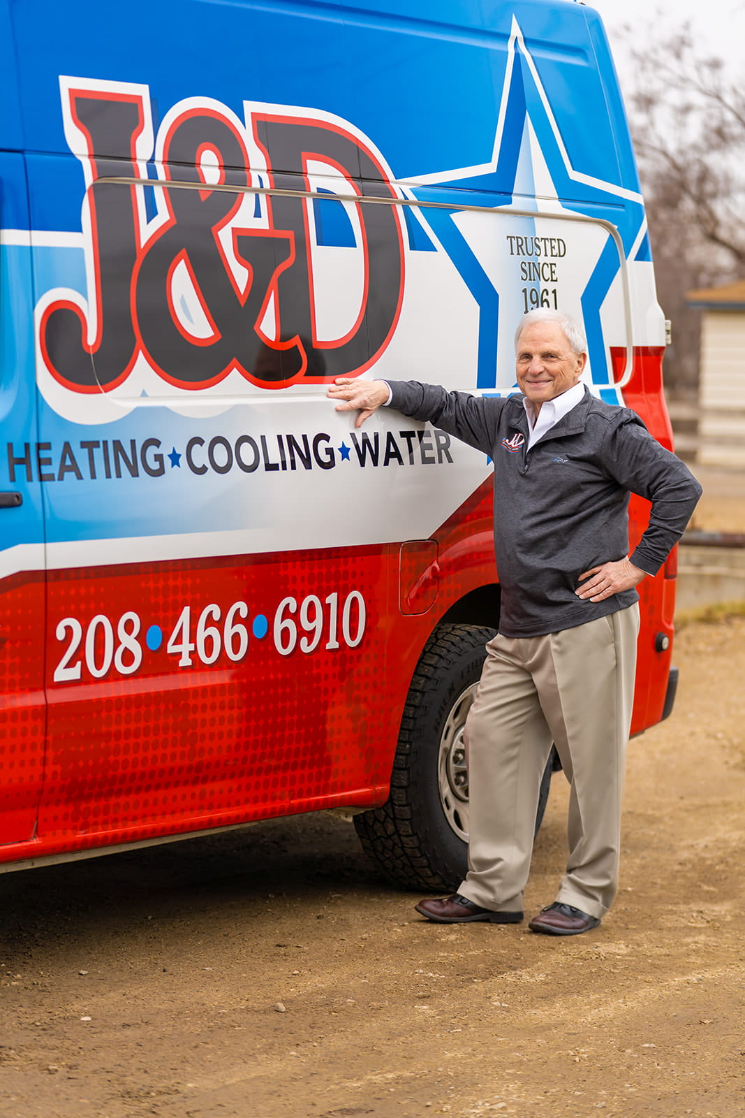 Kirk with J&D Heating, Cooling & Water van. We're ready to help with your AC.